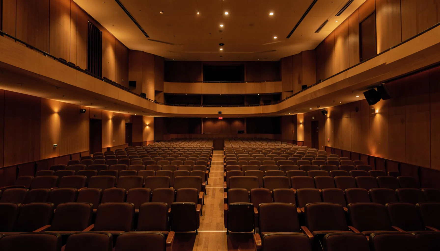 Warm interior of a modern concert hall with soft amber lighting and rows of empty seats