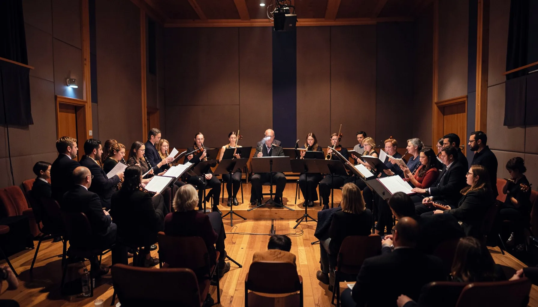 A softly lit choir rehearsal space with warm amber and navy tones, musicians gathered in a semicircle
