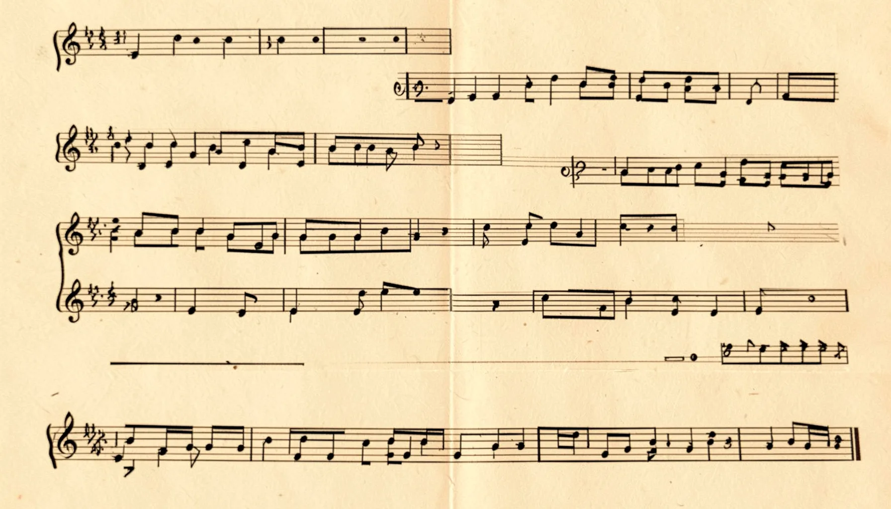 Abstract choral sheet music texture with warm cream paper and dark notation marks