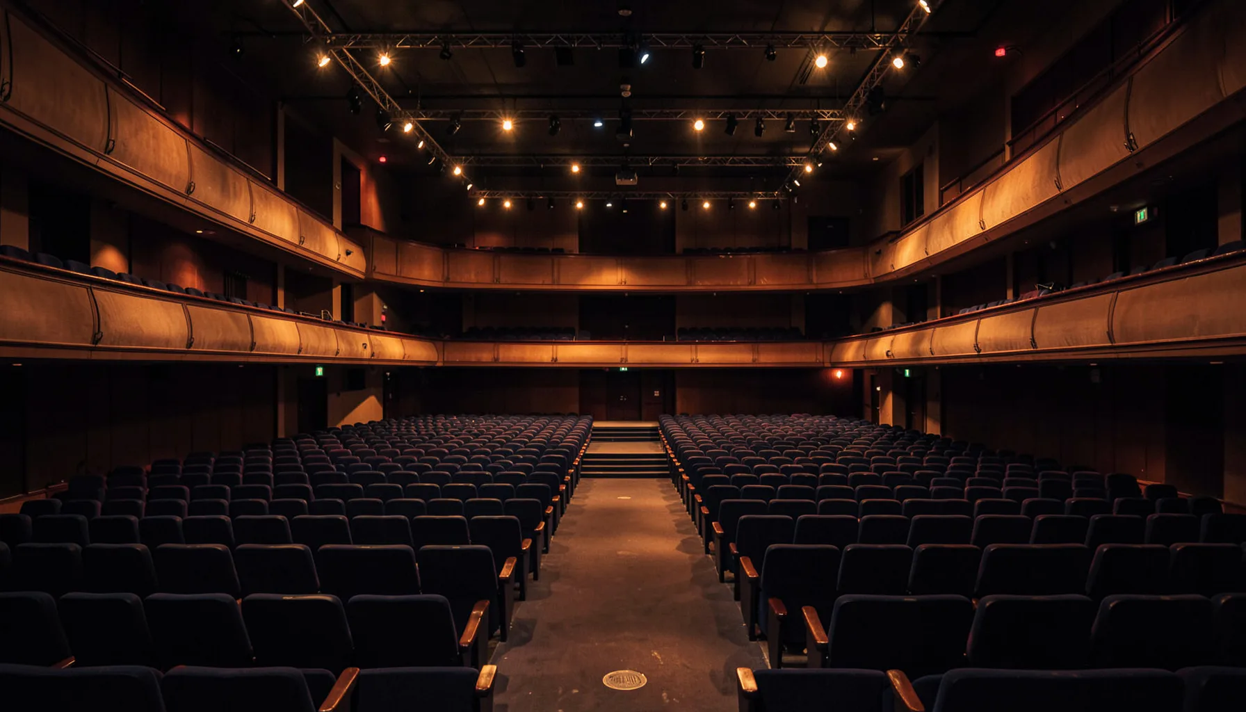 A wide concert hall interior with warm stage lighting and rows of empty seats, deep navy and amber tones