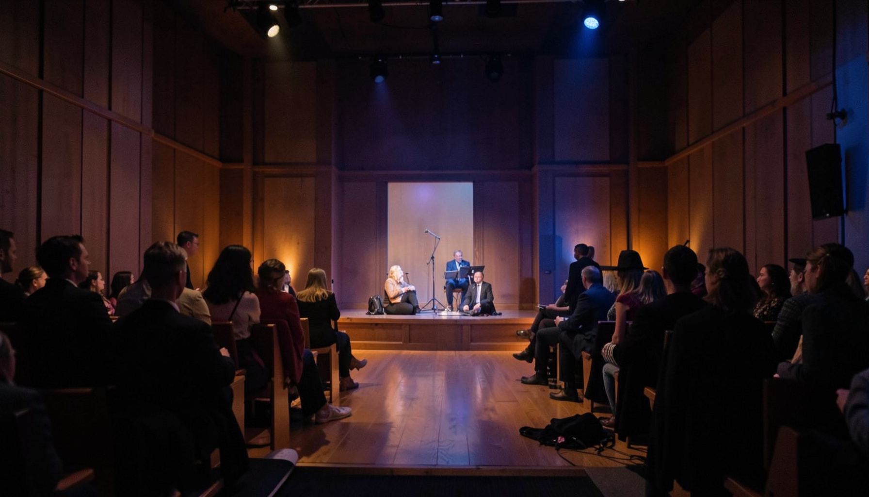 Softly lit choral performance space with warm amber and deep blue tones