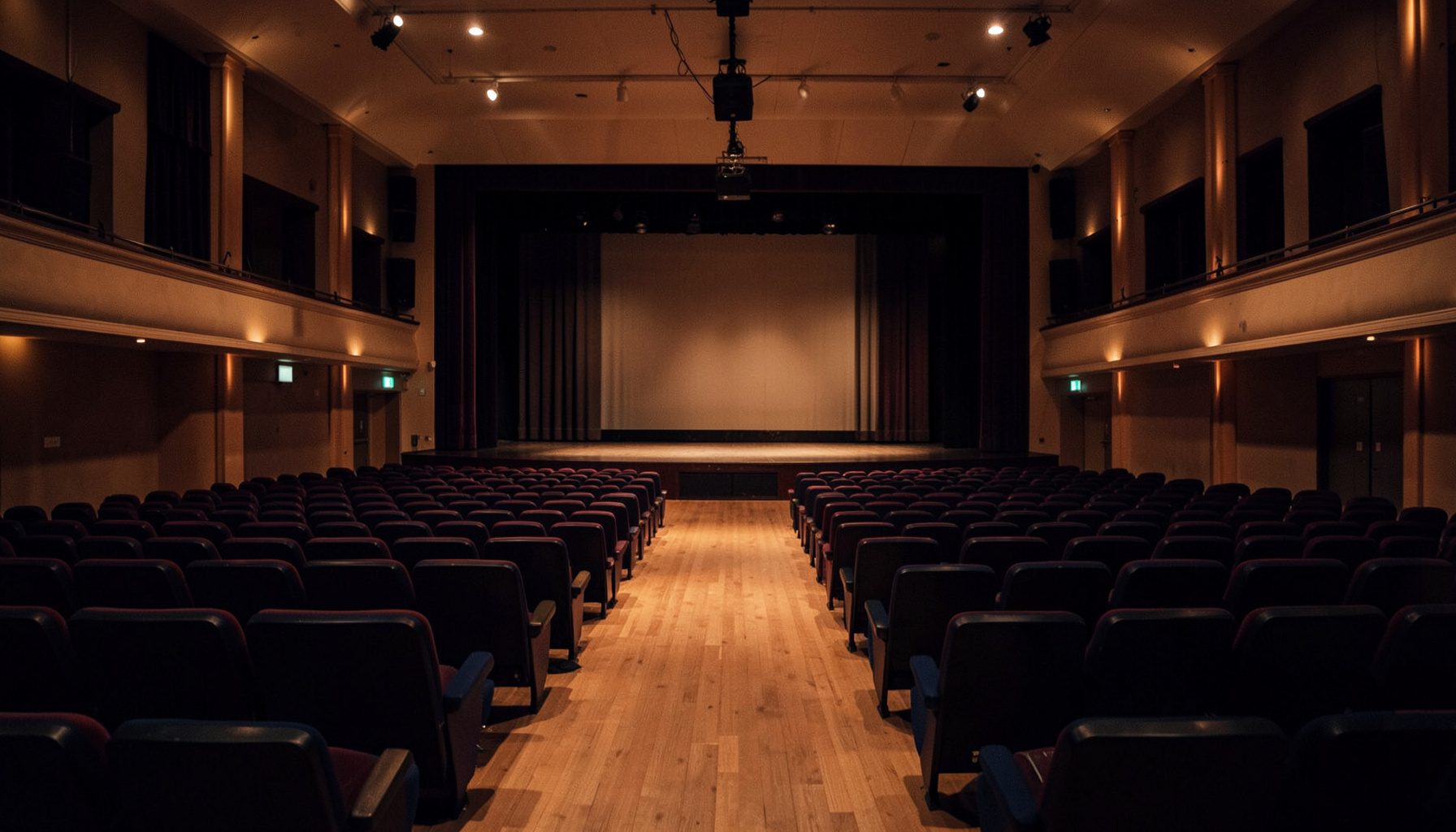 A softly lit concert hall interior with warm amber and deep navy tones, rows of empty seats facing a stage